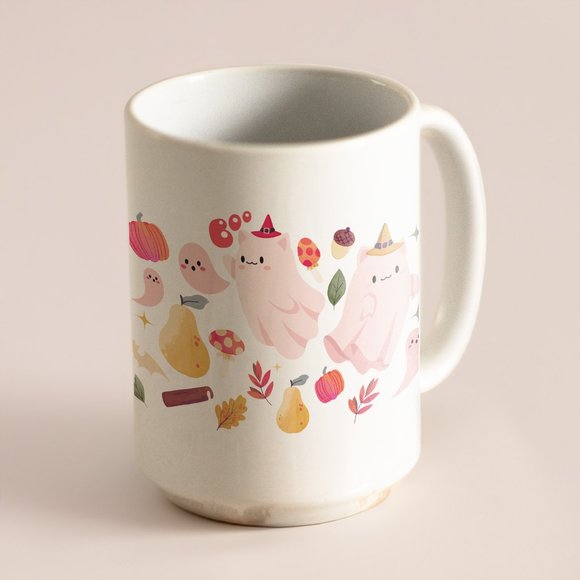 Halloween Pink cute ghosts Coffee Mug. Halloween Coffee Cup. 15oz Ceramic Mug - Picture 4 of 5